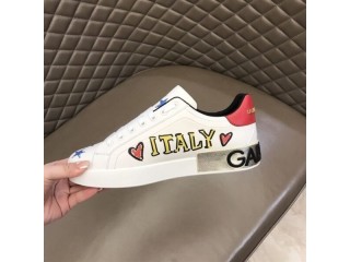 DOLCE & GABBANA LEATHER ROYAL LOVE PRINT SNEAKERS IN WHITE